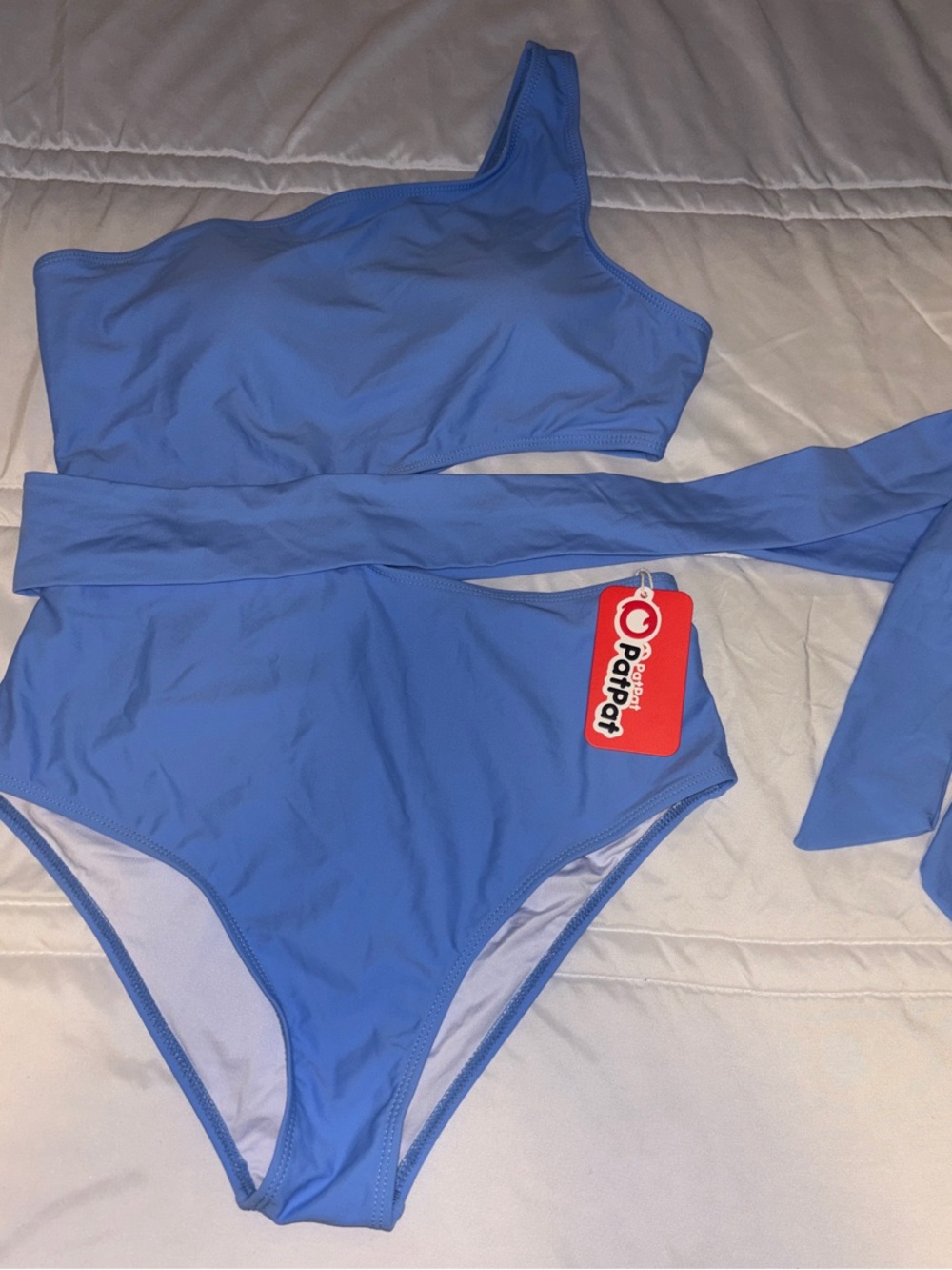 One-Shoulder Light Blue Swimsuit with Waist Tie